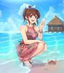  1girl bare_shoulders beach blush bracelet breasts collarbone crab earrings eyebrows_visible_through_hair idolmaster idolmaster_million_live! idolmaster_million_live!_theater_days jewelry kamille_(vcx68) looking_at_viewer medium_breasts open_mouth sandals satake_minako seashell shell short_hair short_ponytail sleeveless smile solo squatting v 