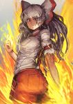  1girl absurdres arm_strap ass bangs blunt_bangs bow breast_pocket breasts chanta_(ayatakaoisii) collared_shirt expressionless eyebrows_visible_through_hair fire flame floating_hair fujiwara_no_mokou grey_background grey_hair hair_bow hand_up highres huge_filesize light_particles long_ponytail looking_at_viewer looking_back medium_breasts nose pants pocket red_eyes red_pants reflective_eyes shirt sidelocks simple_background solo suspenders thick_thighs thighs torn_clothes torn_sleeves touhou white_shirt 