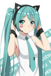  1girl animal_ear_fluff animal_ears bangs bare_shoulders blush breasts cat_ear_headphones cat_ears character_name closed_mouth collared_shirt commentary_request eyebrows_visible_through_hair facial_mark green_background green_eyes green_hair green_neckwear hands_on_headphones hands_up hatsune_miku headphones headset highres kohakope necktie shirt sleeveless sleeveless_shirt small_breasts smile solo tie_clip two-tone_background upper_body vocaloid white_background white_shirt wrist_cuffs 
