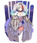  1girl admiral_graf_spee_(azur_lane) azur_lane bangs blue_eyes blunt_bangs blush breasts bridal_veil center_opening dress eyebrows_visible_through_hair looking_at_viewer multicolored_hair nanidato_(nanidat0) redhead short_hair silver_hair smile solo streaked_hair veil 