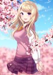  1girl @ ahoge akamatsu_kaede artist_name beamed_eighth_notes blonde_hair blue_eyes blue_sky blurry blurry_background blush breasts cherry_blossoms commentary_request dangan_ronpa day dot_nose eighth_note eyebrows_visible_through_hair from_side hair_ornament happy highres long_hair long_sleeves looking_at_viewer musical_note musical_note_hair_ornament nabekokoa necktie new_dangan_ronpa_v3 orange_neckwear outdoors pink_sweater_vest pleated_skirt school_uniform shirt skirt sky smile solo standing sweater_vest violet_eyes 