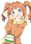  1girl :d bangs blue_eyes blush eyebrows_visible_through_hair idolmaster idolmaster_(classic) ixy long_sleeves looking_at_viewer open_mouth orange_hair short_hair smile solo takatsuki_yayoi twintails 