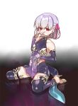  1girl :d bare_shoulders breastplate dagger earrings elbow_gloves eyebrows_visible_through_hair fate/grand_order fate_(series) gloves hair_ribbon high_heels jewelry kama_(fate/grand_order) navel negi_(ulog&#039;be) open_mouth purple_gloves purple_hair purple_legwear ribbon ring see-through short_hair sitting smile solo thigh-highs violet_eyes wariza weapon 