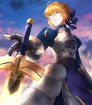  1girl armor armored_dress artoria_pendragon_(all) blonde_hair blue_dress blue_ribbon breastplate clouds dress excalibur fate/stay_night fate_(series) faulds from_below gauntlets green_eyes hair_ribbon herigaru_(fvgyvr000) highres long_sleeves outdoors ribbon saber short_hair solo standing 