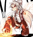  1girl baggy_pants bamboo bangs bare_arms blood bloody_clothes bow bright_pupils collarbone collared_shirt epic_armageddon fire floating_hair fujiwara_no_mokou full_body grey_hair grin hair_bow highres injury long_hair looking_afar missing_limb ofuda one_knee pants red_eyes red_pants shirt short_sleeves sidelocks smile solo suspenders torn_clothes torn_sleeves touhou v-shaped_eyebrows very_long_hair white_bow white_pupils white_shirt 