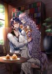  1girl blue_eyes blue_hair blush book cape chair chocolate circlet couple diadora_(fire_emblem) dress fire_emblem fire_emblem:_seisen_no_keifu fire_emblem_heroes food lavender_hair long_hair nintendo purple_hair short_hair sigurd_(fire_emblem) smile violet_eyes wani_(fadgrith) 