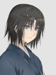  1girl black_hair blue_eyes blue_kimono grey_background hair_between_eyes herigaru_(fvgyvr000) highres japanese_clothes kara_no_kyoukai kimono looking_at_viewer ryougi_shiki short_hair simple_background solo upper_body 