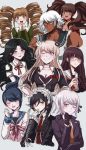  1boy 6+girls alternate_hairstyle asahina_aoi bangs bear_hair_ornament black_gloves black_hair black_jacket blonde_hair blue_hair blush bow breasts brown_hair brown_neckwear celestia_ludenberck cleavage closed_eyes collarbone commentary criis-chan dangan_ronpa dangan_ronpa_1 drill_hair enoshima_junko evil_grin evil_smile eyebrows_visible_through_hair facial_scar freckles fujisaki_chihiro fukawa_touko glasses gloves grin hair_ornament hair_up hairclip headdress ikusaba_mukuro jacket kirigiri_kyouko large_breasts long_hair long_sleeves looking_at_viewer maizono_sayaka medium_breasts medium_hair multiple_girls necktie one_eye_closed oogami_sakura red_bow red_neckwear red_ribbon ribbon scar school_uniform short_hair sleeves_rolled_up small_breasts smile spoilers sweatdrop twintails upper_body white_hair white_headdress 