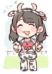  1girl :3 :d ^_^ akb48 animal_costume animal_ears animal_print belt black_hair blush bow bowtie clenched_hands closed_eyes closed_eyes commentary_request cow_costume cow_ears cow_horns cow_print ear_tag full_body horns kawamoto_saya long_hair open_mouth print_legwear print_shirt print_shorts real_life red_neckwear shirt shorts smile solo standing taneda_yuuta twintails wristband 