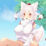  1girl animal_ears arm_under_breasts bare_shoulders blush bottomless breasts detached_sleeves embarrassed eyebrows_visible_through_hair hat inubashiri_momiji large_breasts nature nekoha open_mouth outdoors pom_pom_(clothes) red_eyes ribbon-trimmed_sleeves ribbon_trim shirt short_hair silver_hair sleeveless sleeveless_shirt solo tail tokin_hat touhou tree turtleneck white_shirt wide_sleeves wolf_ears wolf_tail 