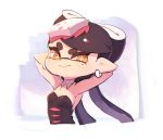 +_+ 1girl arms_behind_head arms_up bare_shoulders black_hair breasts callie_(splatoon) cleavage closed_mouth coula_cat detached_collar domino_mask earrings eyebrows_visible_through_hair food food_on_head hair_rings jewelry long_hair looking_at_viewer mask mole mole_under_eye object_on_head orange_eyes pointy_ears small_breasts smile solo splatoon_(series) strapless symbol-shaped_pupils tentacle_hair upper_body