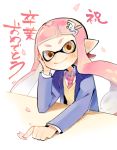  1girl blue_jacket cherry_blossoms closed_mouth domino_mask hair_ornament hand_up inkling jacket long_hair long_sleeves mask motion_lines o_(maru14mori) open_clothes open_jacket petals pink_hair pink_neckwear plaid plaid_neckwear pointy_ears smile solo splatoon splatoon_(series) splatoon_1 suction_cups sweater_vest tentacle_hair yellow_eyes 