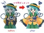  1girl :d bangs before_and_after black_headwear blush blush_stickers cowboy_shot directional_arrow eyebrows_visible_through_hair frilled_shirt_collar frills green_eyes green_hair green_skirt hat hat_ribbon heart heart_of_string itatatata jitome komeiji_koishi lightning_bolt long_hair looking_at_viewer multiple_views open_mouth parted_lips ribbon shirt simple_background skirt smile standing third_eye touhou translation_request white_background yellow_ribbon yellow_shirt 