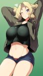  1girl arms_behind_head arms_up black_shirt blonde_hair blue_eyes blue_shorts blush breasts brown_jacket commentary cowboy_shot denim denim_shorts girls_und_panzer green_background hair_intakes heart jacket kay_(girls_und_panzer) large_breasts long_hair long_sleeves looking_at_viewer midriff military military_uniform navel one_eye_closed open_clothes open_fly open_jacket open_mouth panties puckered_lips red_panties sasaki_tatsuya saunders_military_uniform shirt short_shorts shorts smile solo standing striped striped_panties thigh-highs thighs unbuttoned underwear uniform white_legwear 