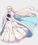  1girl blue_cape cape commentary criis-chan crossover dangan_ronpa dress eyebrows_visible_through_hair fate_(series) flower hair_flower hair_ornament headgear holding long_dress long_hair long_sleeves simple_background solo sonia_nevermind super_dangan_ronpa_2 tumblr_username very_long_hair white_dress wide_sleeves yellow_eyes yellow_flower 