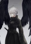  1girl absurdres artist_name bangs black_dress black_wings breasts brown_eyes commentary_request dress eyebrows_visible_through_hair feathered_wings grey_background grey_hair hair_between_eyes high_collar highres looking_away marumoru original parted_lips simple_background small_breasts solo sword weapon wings 