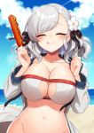  1girl alternate_costume bangs bare_shoulders beach bikini black_ribbon blue_sky blush breasts center_opening cleavage closed_eyes clouds collarbone commentary day eating eyebrows_visible_through_hair facing_viewer food full_mouth girls_frontline groin hair_ornament hair_ribbon hands_up highres holding holding_food jacket kinsenka_momi large_breasts long_hair navel ocean open_clothes open_jacket outdoors ribbon sand silver_hair sky smile solo spas-12_(girls_frontline) sweat swimsuit tongue tongue_out twintails 