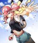  .live ;) ahoge baseball_cap black_shirt blue_shorts blue_sky clouds crop_top day floating_hair gen_1_pokemon hair_between_eyes hat highres holding holding_poke_ball imo_(evekelu-111) kitakami_futaba looking_at_viewer midriff navel one_eye_closed outdoors outstretched_arm outstretched_hand pikachu pink_eyes pink_hair poke_ball pokemon_on_shoulder shirt short_hair short_shorts shorts sky smile stomach virtual_youtuber 