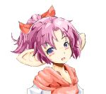  1boy 1girl animal_ears arm_behind_head arm_up bare_arms blush bow dress dutch_angle elf facing_viewer forehead hair_ribbon legend_of_mana lisa_(lom) looking_at_viewer pointy_ears ponytail purple_hair red_bow red_dress ribbon seiken_densetsu short_sleeves simple_background solo_focus violet_eyes white_background widow&#039;s_peak 