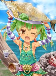  1girl ;d apron arm_warmers armpits arms_up bare_shoulders blue_sky breasts brown_eyes cleavage clouds dark_skin day detached_sleeves earrings fang fish green_hair happy jewelry katanon_(suparutan) looking_at_viewer naked_apron necklace ocean one_eye_closed open_mouth outdoors plate ricotta_(ys) sideboob sky sleeveless small_breasts smile solo striped_sleeves twintails ys ys_viii_lacrimosa_of_dana 