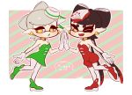  +_+ 2018 2girls ;d alternate_color ankle_boots aori_(splatoon) bare_shoulders boots breasts coula_cat cousins detached_sleeves domino_mask dress earrings food food_on_head full_body gloves green_dress green_footwear green_hair hair_rings hotaru_(splatoon) jewelry leg_up long_hair looking_at_viewer mask mole mole_under_eye multicolored_hair multiple_girls object_on_head one_eye_closed open_mouth pantyhose pointy_ears red_footwear red_jumpsuit redhead short_dress short_hair short_jumpsuit silver_hair small_breasts smile splatoon splatoon_(series) splatoon_1 strapless strapless_dress symbol-shaped_pupils tentacle_hair two-tone_hair very_long_hair white_gloves white_legwear yellow_eyes 