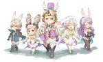  2boys 3girls alternate_costume animal_ears blonde_hair bunnysuit camilla_(fire_emblem_if) cape chibi closed_eyes drill_hair elise_(fire_emblem_if) female_my_unit_(fire_emblem_if) fire_emblem fire_emblem_heroes fire_emblem_if gloves hat leon_(fire_emblem_if) marks_(fire_emblem_if) multiple_boys multiple_girls my_unit_(fire_emblem_if) nintendo open_mouth pantyhose purple_hair rabbit_ears robaco serious side-by-side smile top_hat twin_drills walking 