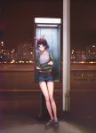  1girl blue_eyes city_lights cityscape closed_mouth commentary crossed_arms english_commentary english_text full_body hair_ornament highres leaning_on_object long_sleeves looking_at_viewer mark_simonov night original outdoors phone_booth purple_hair shoes short_hair short_shorts shorts singlet skyline sneakers solo sweater 