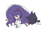  1boy blush_stickers chibi closed_eyes eggplant hair_ribbon highres japanese_clothes kamui_gakupo long_hair male_focus n03+ ribbon simple_background sitting sleeping solo twitter_username very_long_hair vocaloid white_background 
