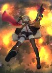  1girl asymmetrical_legwear backlighting bag bangs black_legwear black_shorts blonde_hair boots brown_bag brown_footwear brown_jacket commentary cross-laced_footwear explosion falling full_body girls_frontline gloves gun hairband highres holding holding_gun holding_weapon jacket kneehighs leg_strap looking_at_viewer open_clothes open_jacket open_mouth pouch radio red_eyes red_scarf satchel scarf scw_(girls_frontline) scw_(gun) short_hair short_shorts shorts single_kneehigh single_thighhigh smile solo thigh-highs thigh_pouch vikpie weapon 