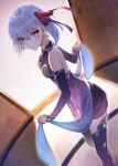 1girl bangs bare_shoulders bow breasts closed_mouth detached_sleeves dress dutch_angle eyebrows_visible_through_hair fate/grand_order fate_(series) hair_between_eyes hair_bow hakuishi_aoi holding kama_(fate/grand_order) long_hair long_sleeves looking_at_viewer looking_to_the_side purple_dress purple_legwear purple_skirt purple_sleeves red_bow red_eyes see-through short_hair silver_hair skirt sleeveless sleeveless_dress small_breasts smile solo standing sunlight thigh-highs 