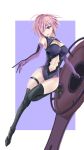  1girl ahoge black_legwear blush border breasts cleavage dmwz elbow_gloves fate/grand_order fate_(series) gloves groin hair_over_one_eye high_heels highres large_breasts leotard mash_kyrielight navel outstretched_arm purple_background purple_hair shield short_hair smile solo thigh-highs thigh_strap violet_eyes white_border 