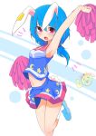  1girl animal_ears arm_up armpits blue_footwear blue_hair blue_panties blue_shirt blue_skirt blush bunny_tail cheerleader crop_top ear_clip highres inon leg_up long_hair low_twintails midriff miniskirt navel open_mouth panties panty_peek pom_poms rabbit_ears red_eyes seiran_(touhou) shirt shoes skirt sleeveless sleeveless_shirt socks solo standing standing_on_one_leg tail touhou twintails underwear wind wind_lift 