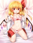  1girl :d bangs bare_shoulders bed_sheet blonde_hair blush bow bow_panties bra breasts cleavage collarbone commentary_request crystal curtain_grab curtains eyebrows_visible_through_hair fang flandre_scarlet frilled_bra frilled_panties frilled_shirt_collar frills groin hair_between_eyes hair_ribbon hands_up highres long_hair looking_at_viewer m9kndi miniskirt nail_polish navel no_hat no_headwear no_shoes off_shoulder one_side_up open_clothes open_mouth open_shirt open_skirt panties pink_background pink_bra pink_panties pleated_skirt red_bow red_eyes red_nails red_ribbon red_skirt ribbon shadow shirt short_sleeves sitting skirt small_breasts smile socks solo stomach thighs touhou underwear wariza white_legwear white_shirt wings 