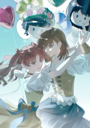  2girls alternate_costume balloon blue_skirt blue_sky bow brown_corset brown_eyes brown_hair brown_skirt character_balloon choker commentary corset evenf hair_bow heart heart-shaped_pupils highres holding holding_balloon long_hair long_sleeves medium_hair misaka_mikoto multiple_girls puffy_short_sleeves puffy_sleeves red_bow saten_ruiko shirai_kuroko shirt short_sleeves skirt sky smile symbol-shaped_pupils toaru_kagaku_no_railgun toaru_majutsu_no_index twintails uiharu_kazari white_shirt 