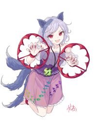  1girl absurdres animal_ears bare_shoulders bear_trap blue_hair fang fingernails frills full_body highres kashiwada_kiiho long_fingernails looking_at_viewer medium_hair mitsugashira_enoko multiple_tails open_mouth pink_skirt purple_shirt red_eyes red_nails shirt skirt smile solo tail touhou white_background wolf_ears wolf_tail 