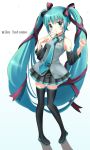  blue_eyes blue_hair blush detached_sleeves hatsune_miku kahama_youko long_hair necktie skirt thigh-highs thighhighs twintails vocaloid 