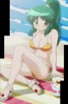  bikini cap green_eyes green_hair hidamari_sketch high_heels highres long_hair ponytail pudding sandals screencap shoes sitting stitched swimsuit yoshinoya 