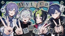  4boys bangs_pinned_back bespectacled black_background black_hair black_jacket black_nails blue_hair border bow closed_eyes commentary_request dytica_(nijisanji) fur_collar glasses green_hair grey_eyes hand_on_own_chest high_collar highres hoshirube_sho hoshirube_sho_(2nd_costume) inami_rai inami_rai_(2nd_costume) jacket koyanagi_rou koyanagi_rou_(2nd_costume) male_focus multicolored_hair multiple_boys murakumo_kagetsu murakumo_kagetsu_(2nd_costume) nagikiho nijisanji otomo_(hoshirube_sho) otomo_(koyanagi_rou) patterned_background pink_eyes purple_bow purple_hair shirt short_hair streaked_hair v virtual_youtuber watakumo_(murakumo_kagetsu) white_hair white_shirt 