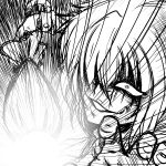  chiro_(pixiv) closed_umbrella emphasis_lines evil_smile face grin kazami_yuuka master_spark monochrome shaded_face short_hair smile touhou umbrella you_gonna_get_raped 