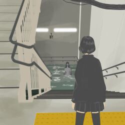 2girls black_hair black_skirt black_thighhighs colored_skin facing_away flood from_behind grey_skin handrail highres horror_(theme) indoors kawano_yuji long_hair multiple_girls no_lineart original partially_submerged pleated_skirt skirt stairs stairwell standing tactile_paving thigh-highs wading water 