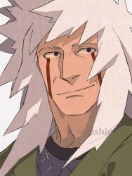  1boy facial_mark highres japanese_clothes jiraiya_(naruto) long_hair looking_to_the_side male_focus naruto_(series) naruto_shippuuden portrait sanpaku sashimi_oran smile solo spiky_hair white_hair 