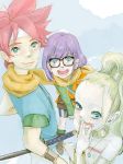  blonde_hair blue_eyes chrono_trigger crono forehead glasses headband jewelry lucca_ashtear male marle multiple_girls mwr necklace purple_hair red_hair redhead smile sword weapon 