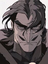  1boy aquiline_nose bright_pupils desha_(ousama_ranking) facial_hair greyscale highres huge_eyebrows looking_at_viewer male_focus mature_male monochrome mustache nose ousama_ranking pencil_mustache portrait sanpaku sashimi_oran serious short_hair tsurime wind 