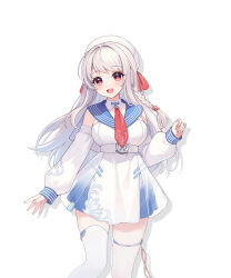  1girl :d asymmetrical_legwear beret blue_sailor_collar braid breasts changchun_(warship_girls_r) detached_sleeves dress feet_out_of_frame hand_up hasu_(velicia) hat leg_ribbon long_hair long_sleeves looking_at_viewer medium_breasts necktie open_mouth pleated_dress puffy_long_sleeves puffy_sleeves red_eyes red_necktie ribbon sailor_collar sailor_dress side_braid simple_background sleeves_past_wrists smile solo standing thigh-highs translation_request very_long_hair virtual_youtuber warship_girls_r white_background white_dress white_hair white_sleeves white_thighhighs 