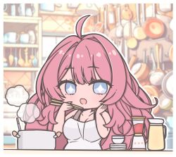  +_+ 1girl ahoge ai-assisted ai-generated_background alternate_costume apron azur_lane blender_(object) blue_eyes blurry blurry_background blush border bowl breasts character_name chibi chibi_only chopsticks collarbone commentary cooking cooking_pot dress frying_pan futaba_(anti_clockwise) hair_intakes hand_on_own_cheek hand_on_own_face highres holding holding_chopsticks indoors kazan_(azur_lane) kitchen large_breasts long_hair open_mouth pink_hair pitcher_(container) plate plate_stack shelf solo symbol-only_commentary white_border white_dress 