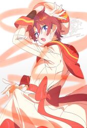  1boy artist_name back_bow beret bow commentary_request cowboy_shot determined hair_between_eyes hand_on_own_head hat highres holding holding_ribbon horizontal-striped_sleeve_cuffs layered_sleeves light_blush long_sleeves looking_at_viewer magical_boy male_focus open_mouth orange_bow orange_ribbon orange_sailor_collar orange_sleeve_cuffs paru_rari precure red_hair ribbon robe robe_hold sailor_collar see-through_ribbon short_hair simple_background solo toyama_satoru violet_eyes watermark white_background white_hat white_robe wonderful_precure! 
