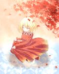  autumn blonde_hair closed_eyes dance dancing dress from_above highres hirasato leaf leaves red_dress short_hair solo touhou wading water 