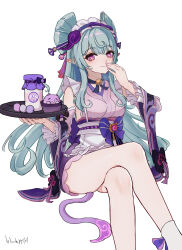  1girl absurdres apron aqua_hair bell blackxyfaf breasts crossed_legs dango dango_milk_(genshin_impact) detached_sleeves feet_out_of_frame fingernails food frilled_apron frilled_hairband frills genshin_impact hairband hand_to_own_mouth highres holding holding_tray japanese_clothes kimono long_hair looking_at_viewer neck_bell nihongami obi pink_nails pink_pupils pointy_ears sash short_kimono simple_background sitting smile tail tapir_tail tray violet_eyes wagashi white_background wide_sleeves yumemizuki_mizuki 