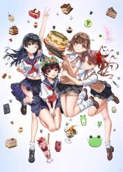  4girls absurdres birthday birthday_cake black_hair black_shoes blue_sailor_collar blue_skirt brown_eyes brown_hair brown_shoes brown_sweater_vest cake collared_shirt flower food gekota grey_skirt hair_flower hair_ornament hairpin head_wreath highres kuuhaku_(pskf2372) loafers long_hair looking_at_viewer loose_socks midriff miniskirt misaka_mikoto multiple_girls neckerchief parfait pleated_skirt red_neckerchief sailor_collar sakugawa_school_uniform saten_ruiko school_emblem school_uniform serafuku shirai_kuroko shirt shoes short_hair short_sleeves skirt smile socks summer_uniform sweater_vest toaru_kagaku_no_railgun toaru_majutsu_no_index tokiwadai_school_uniform twintails uiharu_kazari v v-neck white_background white_shirt white_socks 