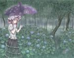  bad_id blonde_hair flower forest hair_up hat hydrangea looking_at_viewer nature oumi_(rsag) purple_eyes rain ryomo ryomo_(pixiv) touhou tree umbrella yakumo_yukari 